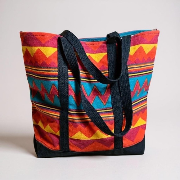 Vintage SSI Southwestern Aztec Pattern Tote Bag NYNEX Logo Woven Carryall - Picture 3 of 10